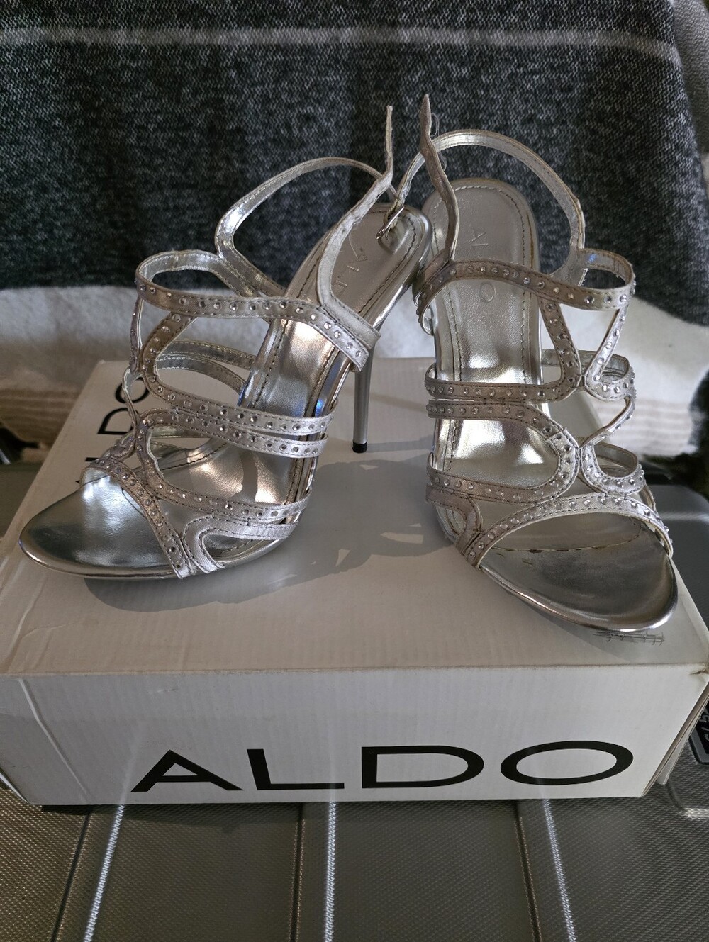 EUC-Aldo Metallic Silver Rhinestone Strappy Stiletto Sandals